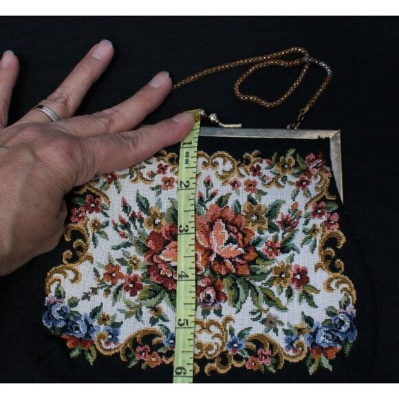 Vintage Floral Tapestry Handbag Goldtone Clasp Rope Chain Handle - Picture 8 of 9